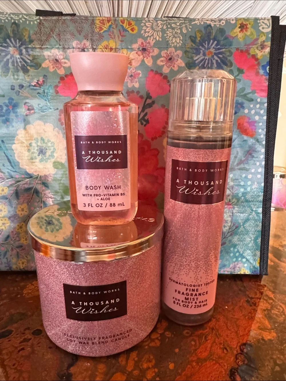 Bath & Body Works 4 Pc  'A Thousand Wishes' Gift Set & Happy bag